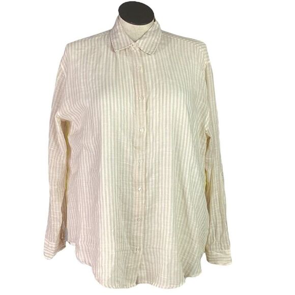 Sundry Evereve Top Women XL Beige White Striped Button Long Sleeve Oversized - Picture 1 of 9